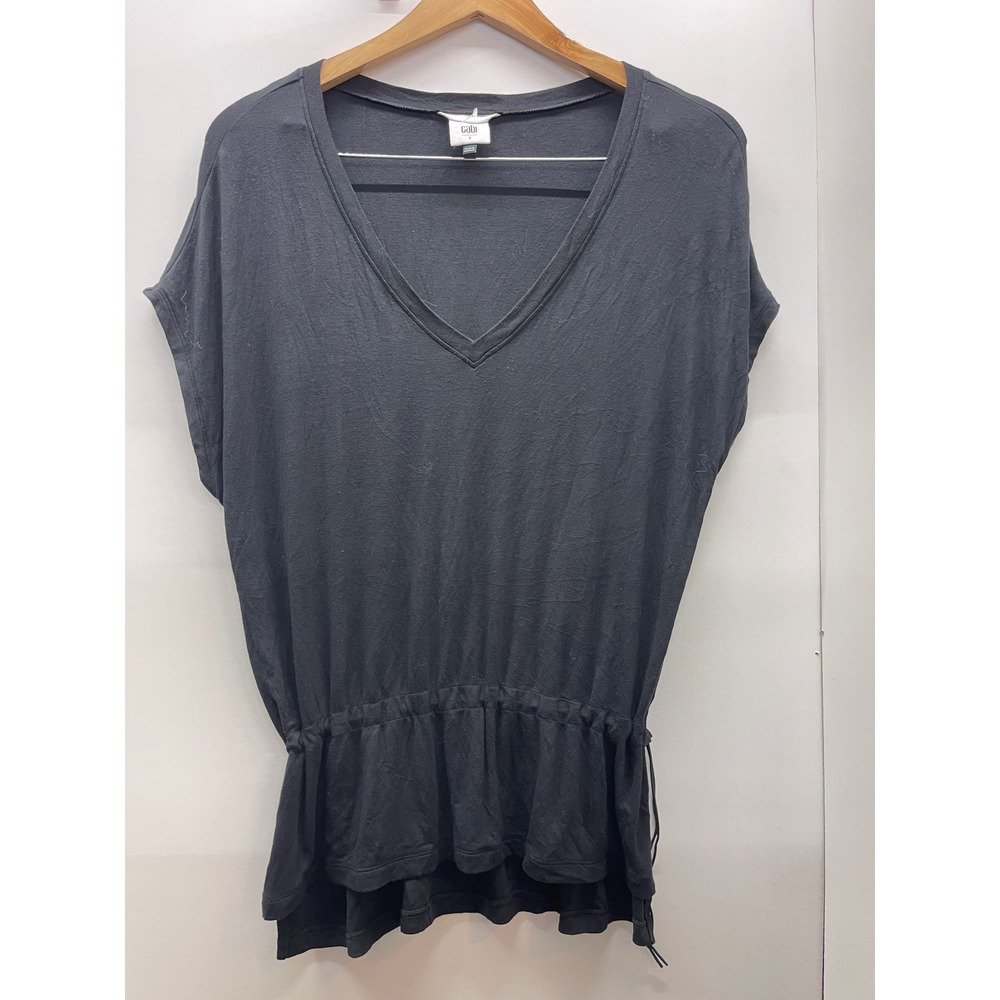 Cabi Womens Black V-Neck Short Sleeve Cinched Drawstring Peplum Top Size S